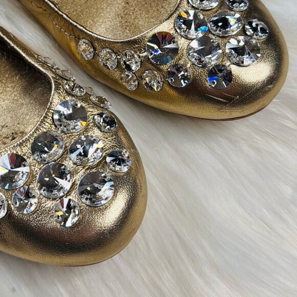 Miu Miu Gold Rhinestone Embellished Scrunch Flats - Picture 2 of 9